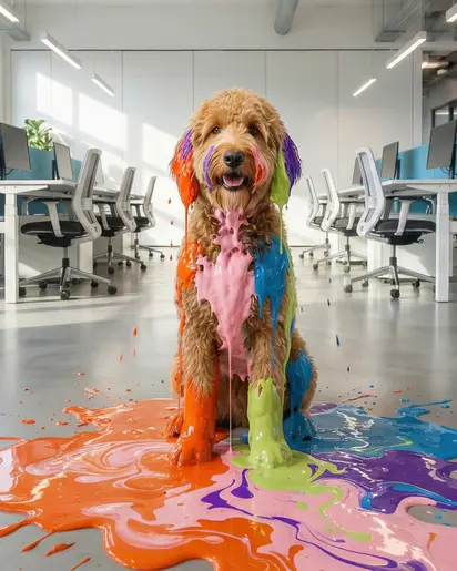 Hund mit farbiger Farbe bedeckt als Symbol für kreative KI-gestützte Film- und Animationsproduktion