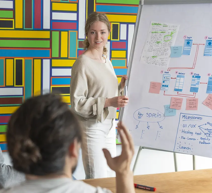 Foto eines Workshops mit einer Person am Whiteboard und weiteren Teilnehmenden im Hintergrund von hinten.